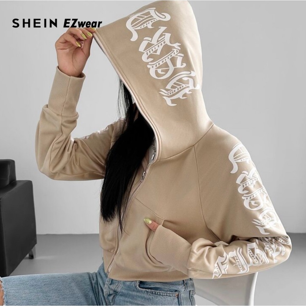 Shein Tan Zip Up Hoodie with White Graphics